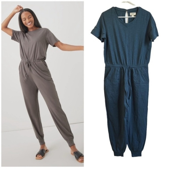 Pact Pants - Pact Organic Cotton Relaxed Slub House Short Sleeve Jumpsuit Dark Teal XS